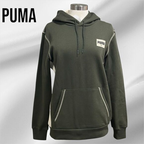 PUMA Men’s Patched Up Fleece Pullover Hoodie in the Size Medium in Olive Green - Picture 4 of 9